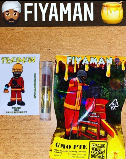 Fiyaman Carts GMO Pie – a potent indica-dominant vape with bold garlic-diesel flavor, smooth hits, and deeply relaxing, full-body effects.