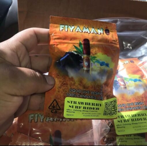 Fiyaman Carts Strawberry Surf Rider offers a sweet, fruity flavor with a smooth, relaxing experience, perfect for cannabis enthusiasts.
